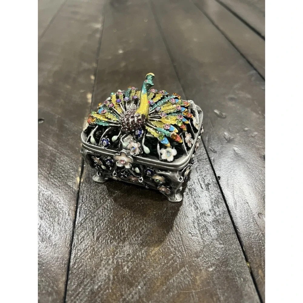 Vintage Peacock Enamel Rhinestone Floral Tree Footed Trinket‎ Box Heavy Hinged